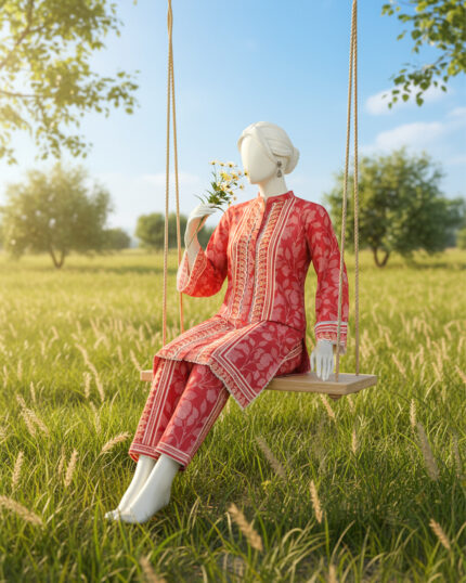 Stitched Co-ord  Striking Red Lawn